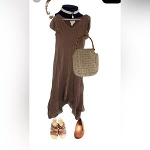 Vintage Silk Dress Polka Dot Brown Asymmetrical hem French Chic Minimal Wedding